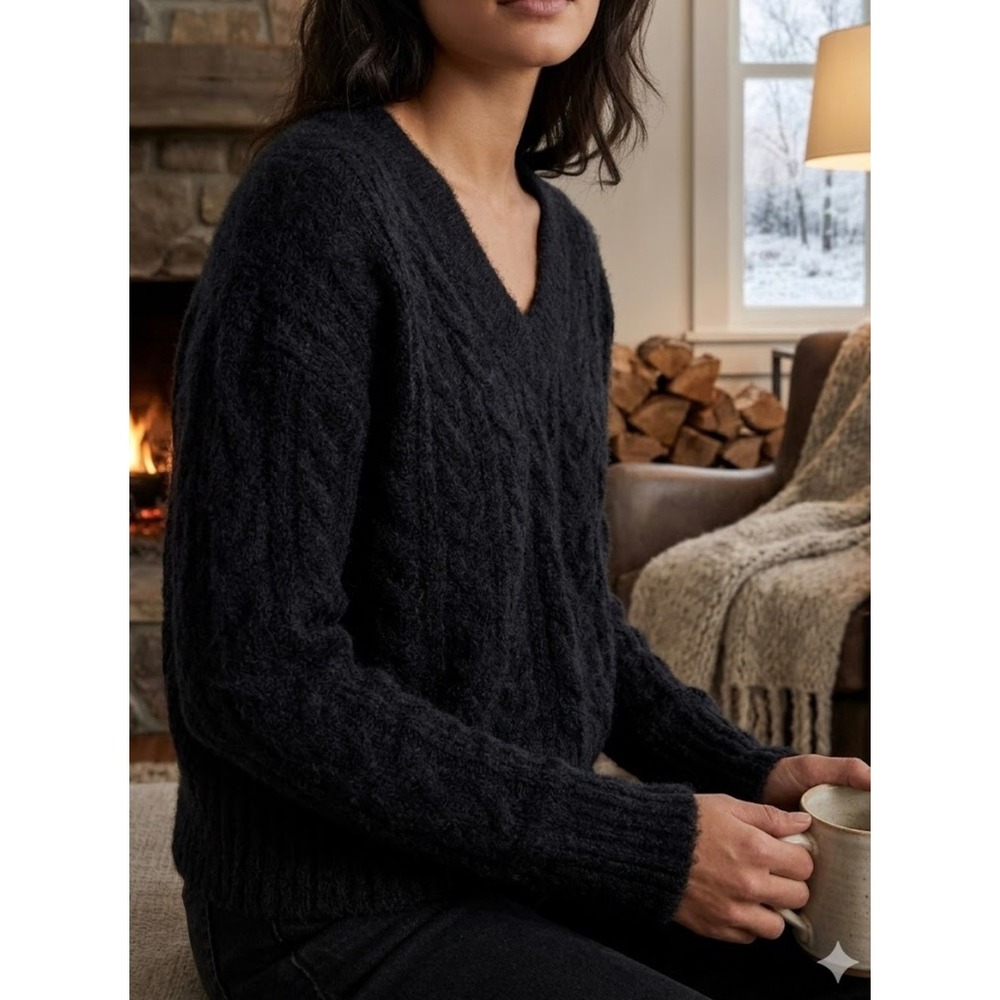 Lucky Brand Womens Black Fuzzy Cable Knit V-Neck Sweater Size S